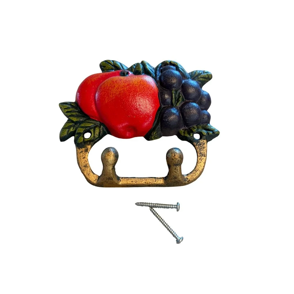 Vintage Cast Iron Fruit Wall Hook Red Apple Purple Grapes Farmhouse Decor